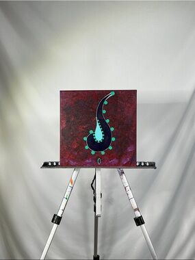 Contemporary Turquoise & Teal Paisley Canvas Painting 12”x12”